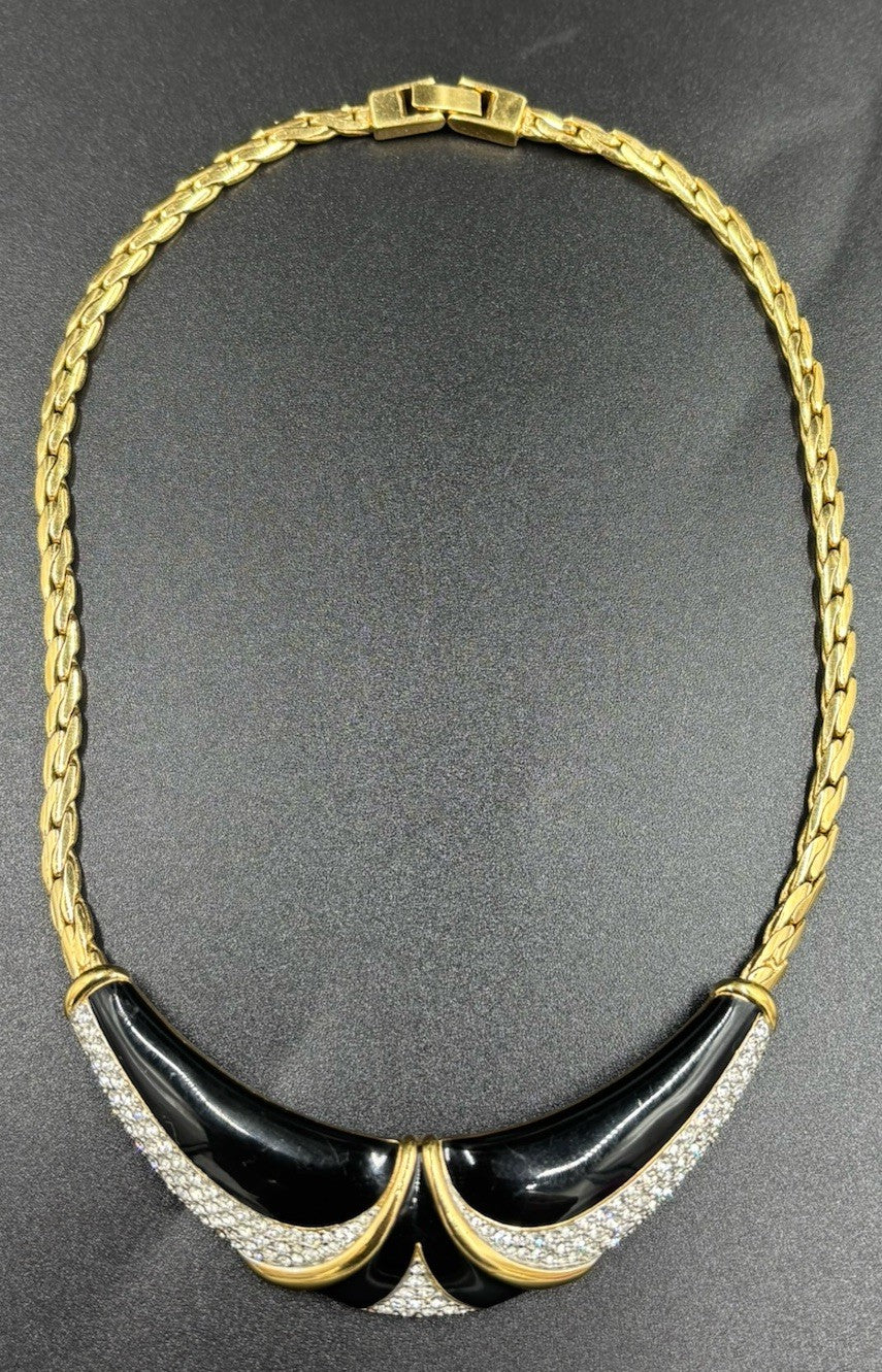 Vintage Bergdorf Goodman Gold Plated Choker Necklace Black Enamel Diamante