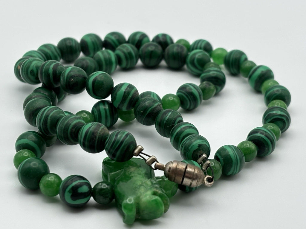 Vintage Malachite Bead Necklace with Carved Jade Dragon Pendant & Accents