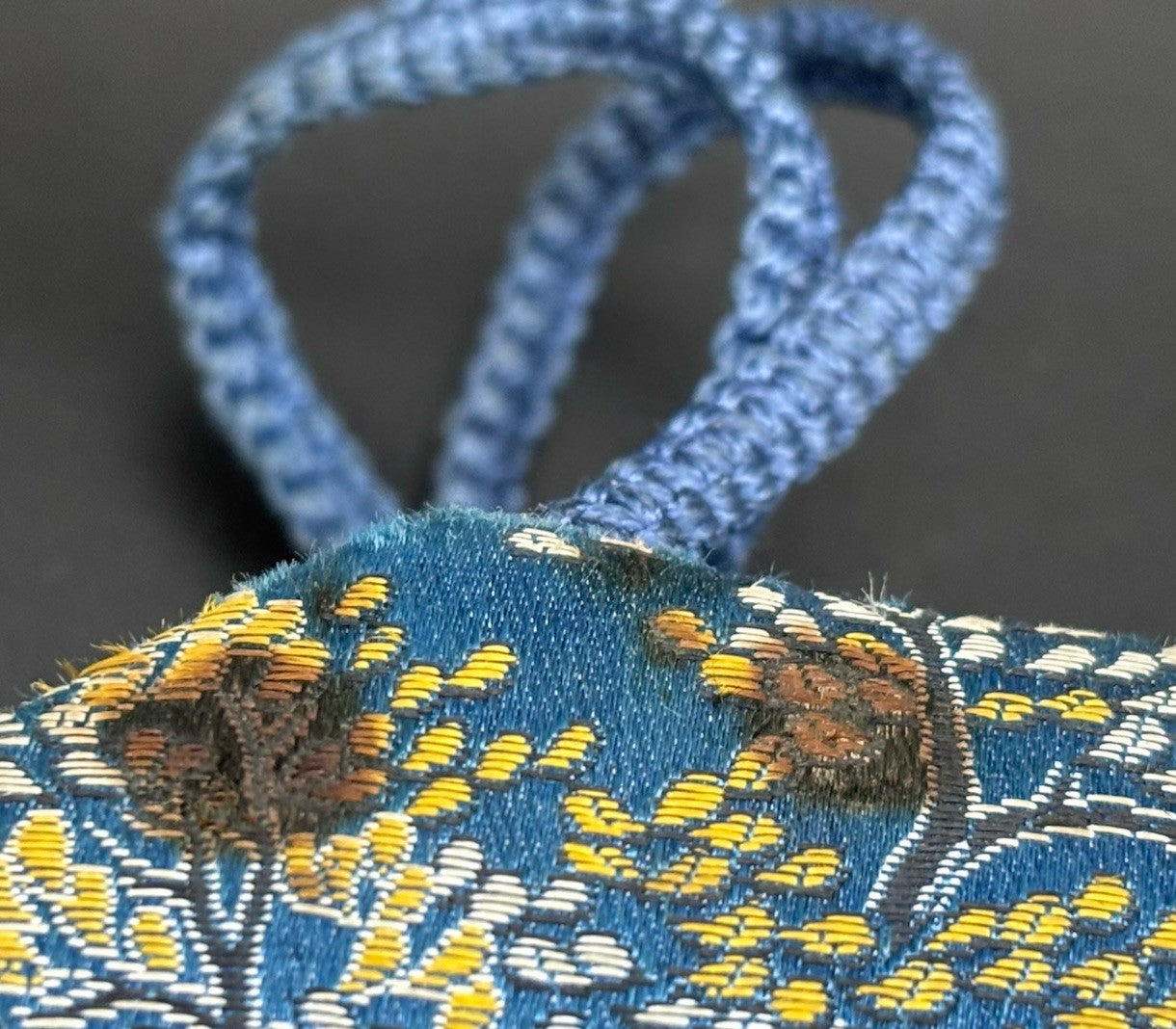Vintage Chinese Silk Brocade Vanity Box Purse Mirror Case Scenic Motif Blue