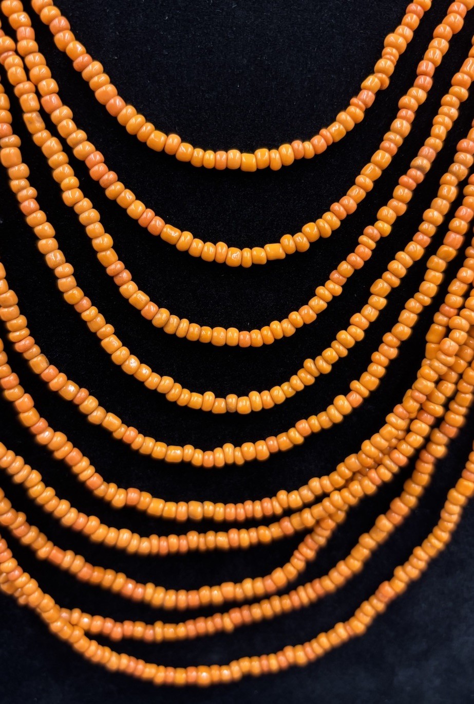 Vintage Tribal Orange Beaded Multi-Strand Necklace Wood Clasp Boho Ethnic