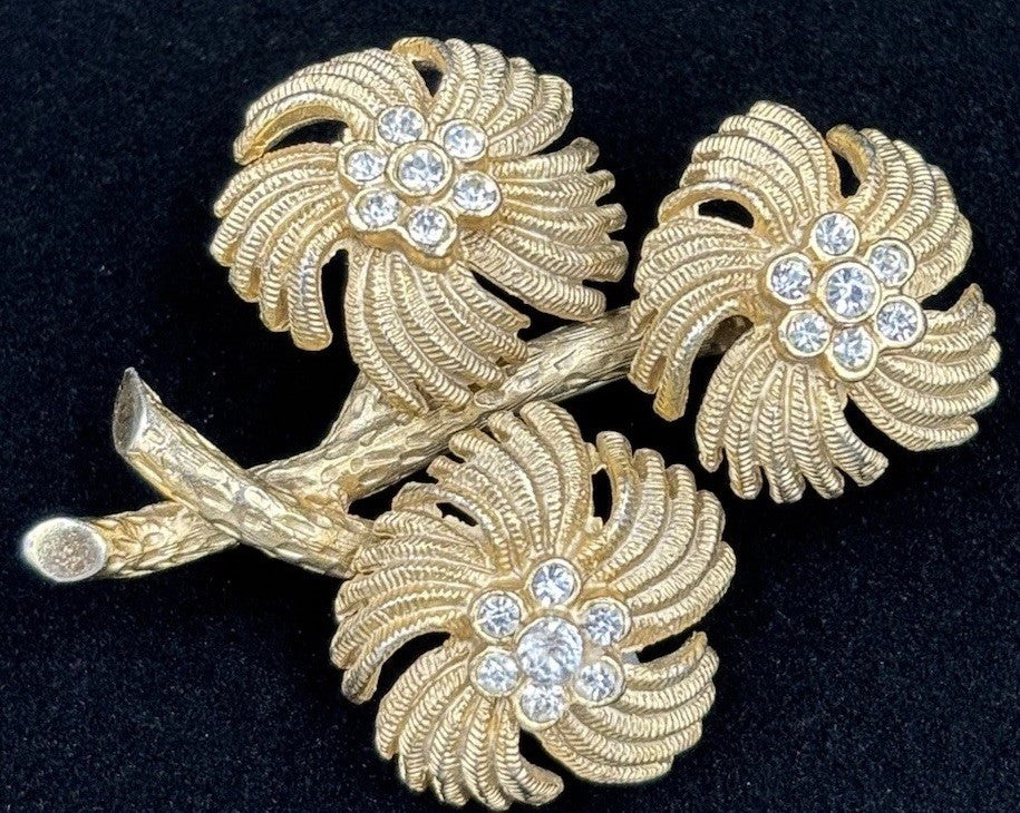 Vintage Kramer Signed Floral Rhinestone Brooch Gold Tone Spray Bouquet