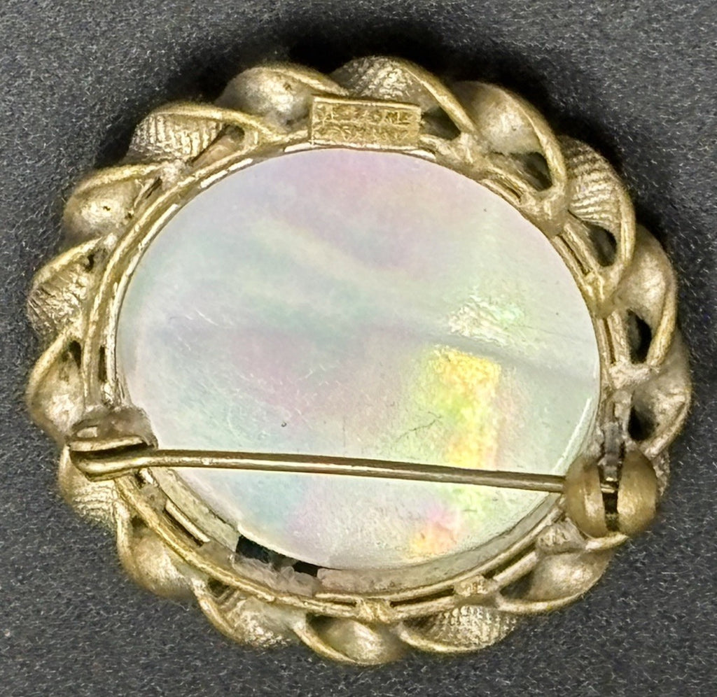 Rare Vintage U.S. Zone Germany Mother of Pearl Brooch 1940s Brass Rope Frame
