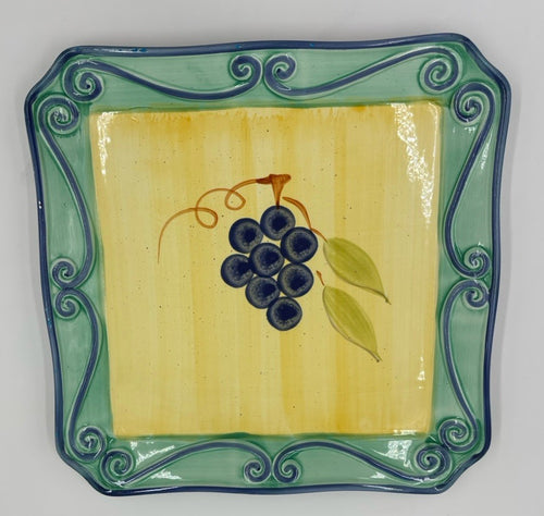 Hand painted ceramic platter 30cm, grapes scroll border vintage