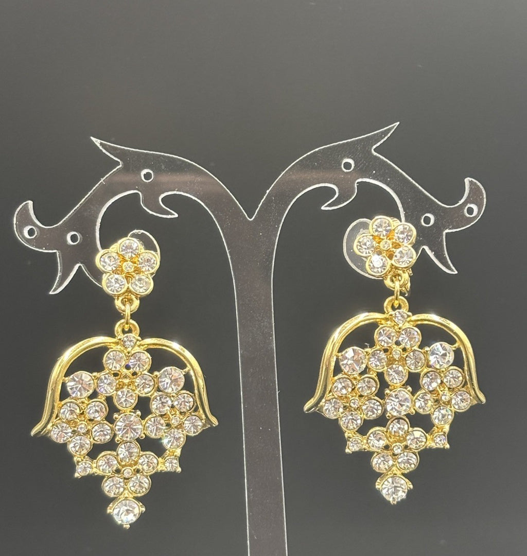 Vintage Barcs Clip On Earrings Gold Tone Chandelier Floral Rhinestone Sparkle