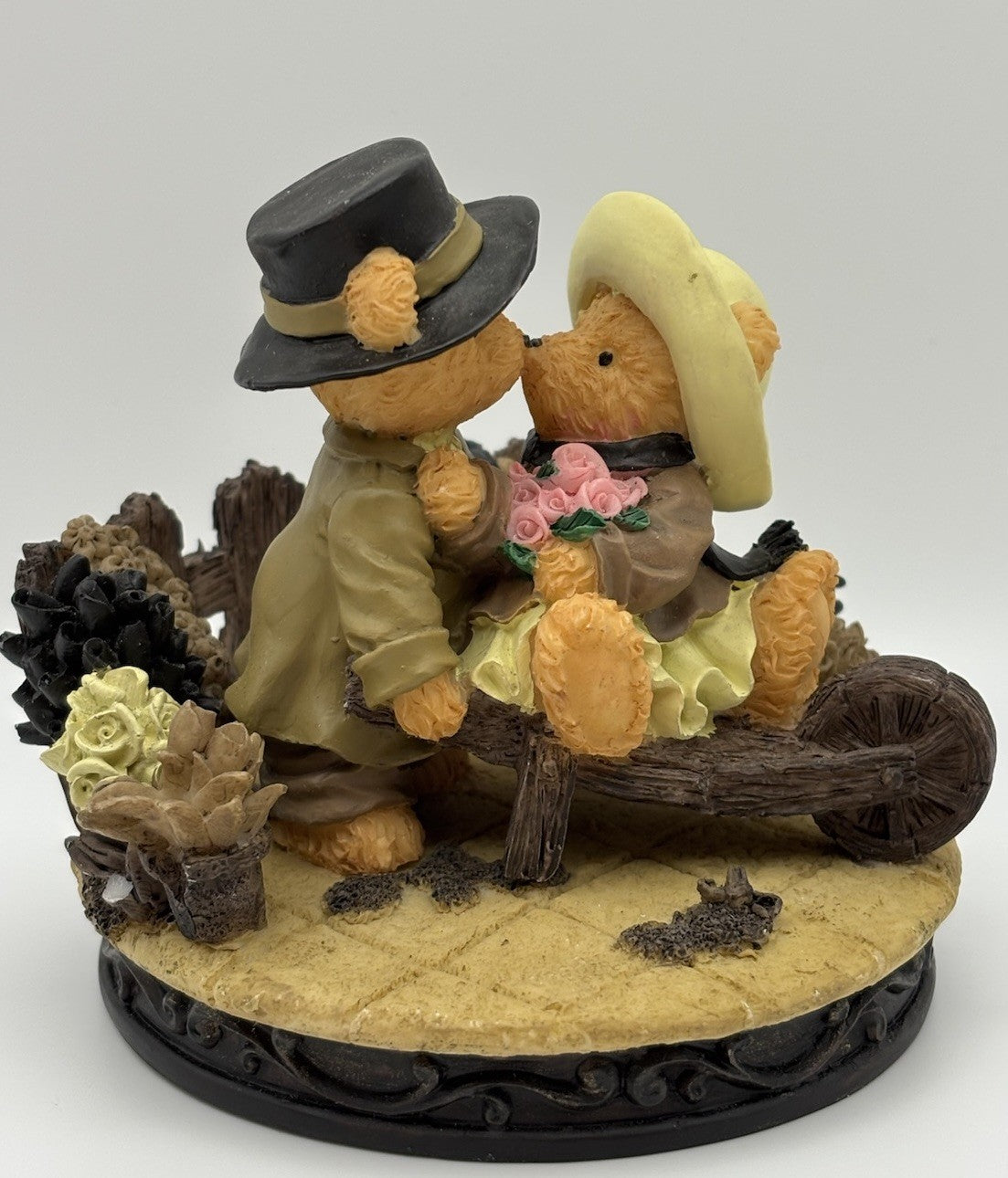 Vintage Avon Bear Figurine – Romantic Couple Kiss with Roses & Cart