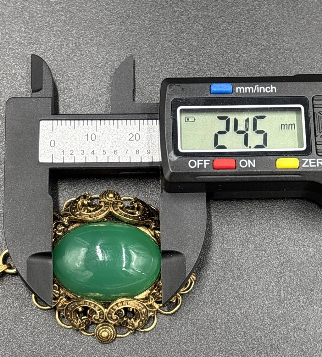 Antique Czech Uranium Glass Pendant Art Nouveau Brass Filigree Gold Filled