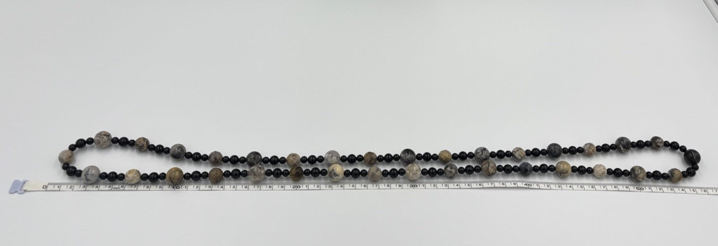 Vintage Picasso Jasper Gemstone Necklace Long Natural Stone With Black Beads