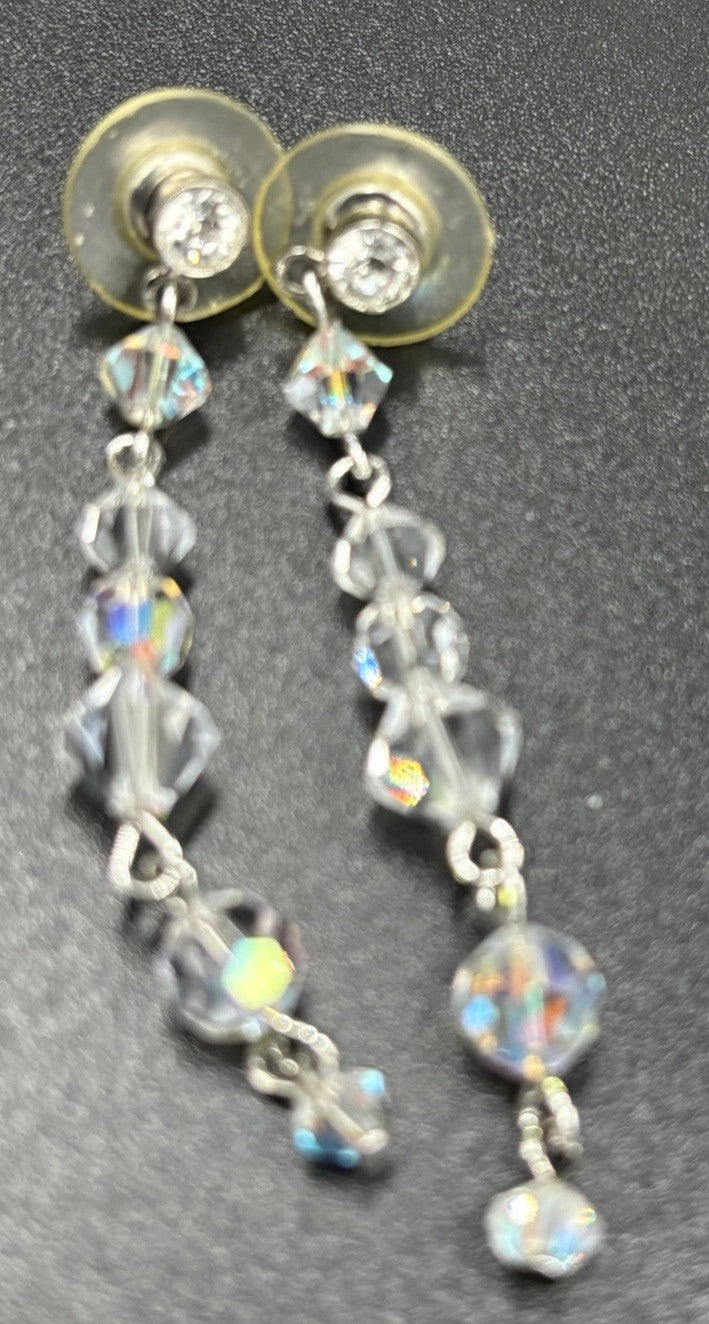 Vtg Double Strand Sparkling Aurora Borealis AB Glass Crystal Necklace & Earrings
