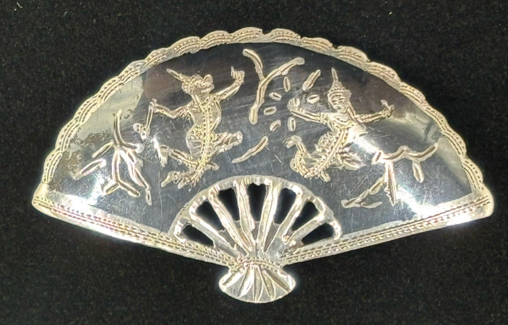 Vintage Siam Sterling Silver Fan Brooch Thai Dancer Motif 1940s -1950s