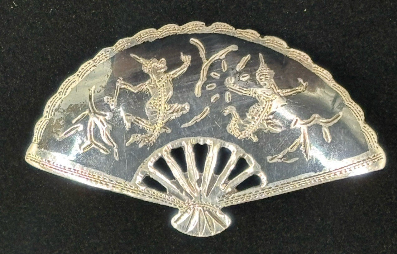 Vintage Siam Sterling Silver Fan Brooch Thai Dancer Motif 1940s -1950s