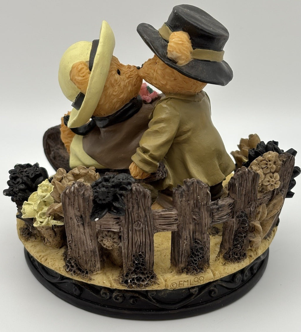 Vintage Avon Bear Figurine – Romantic Couple Kiss with Roses & Cart
