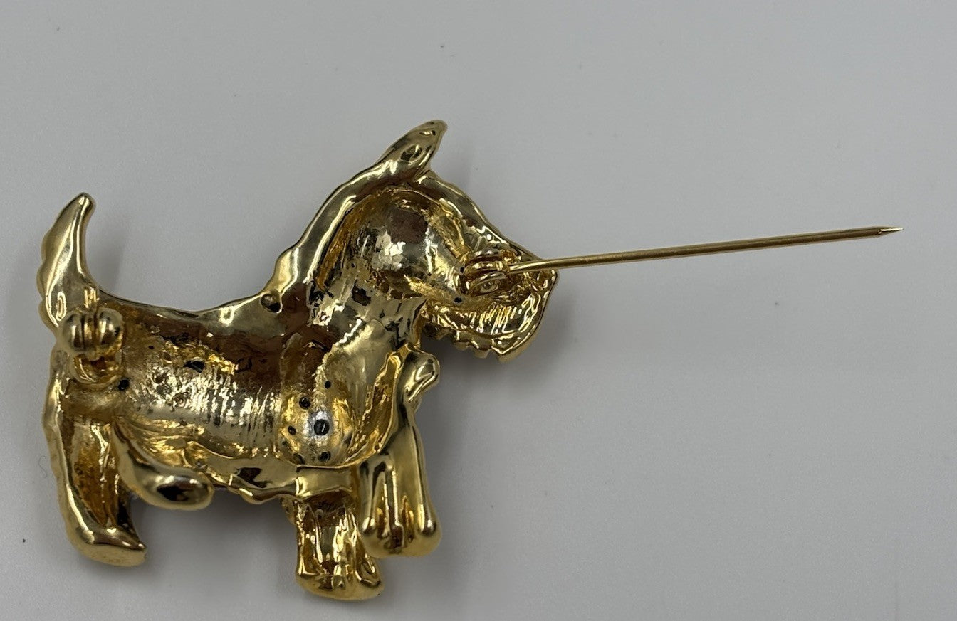 Vintage Crystal Terrier Dog Brooch Gold Tone Blue Enamel 3.5cm