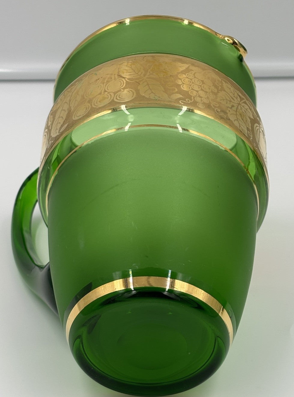 Vintage 1950s Bohemian Green Glass Pitcher & Tumbler Set Gold Fruit Band 5pc