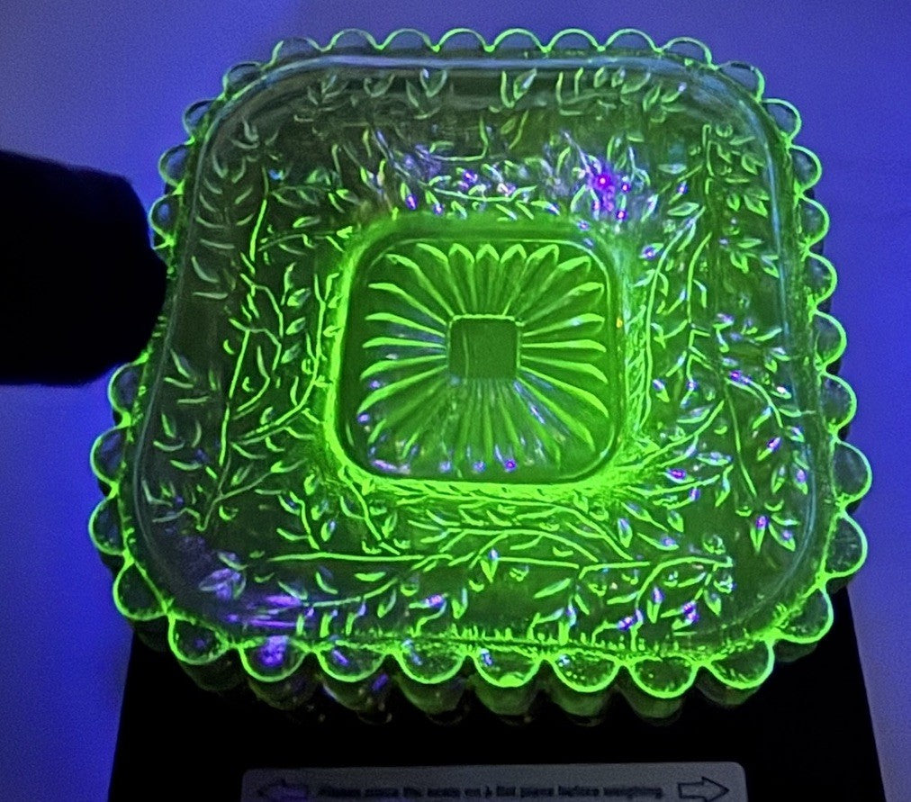 Vintage Uranium Glass Bowl UV Glow Dessert Plates Amber Depression Set