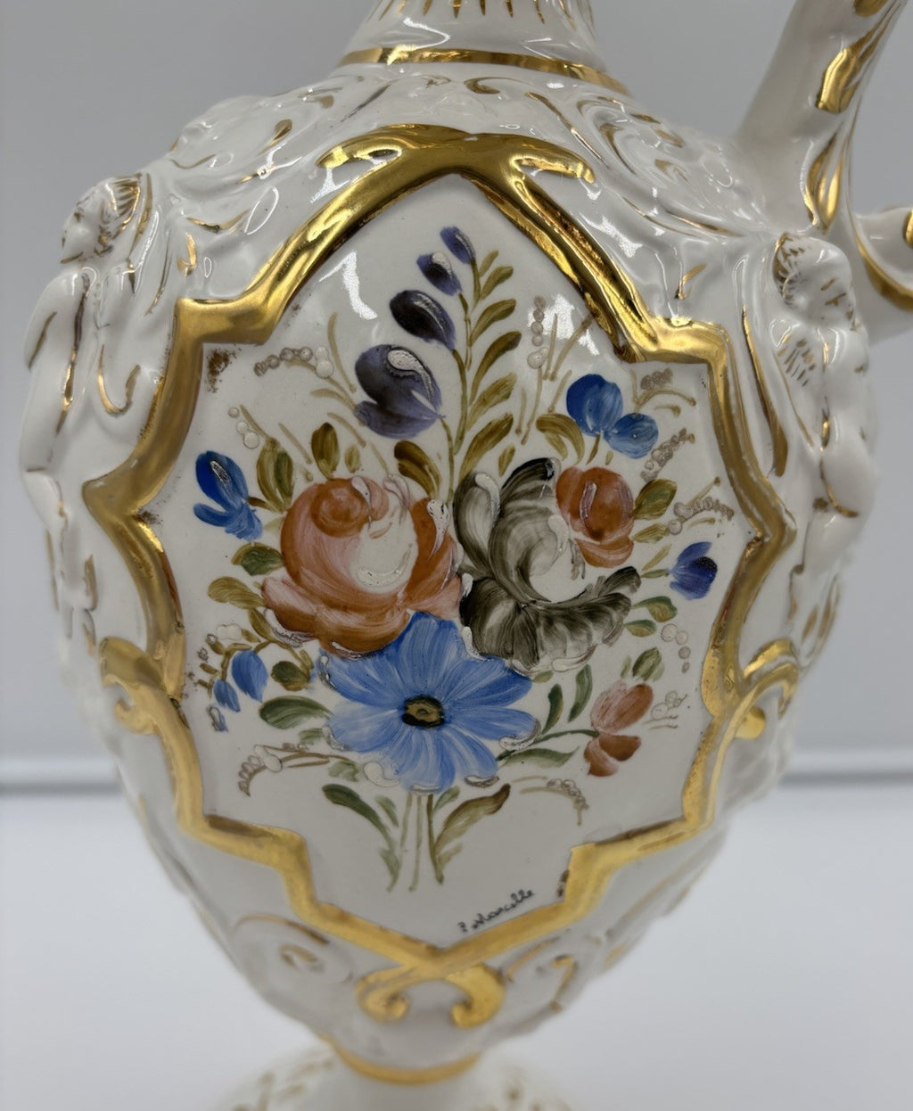Vintage Capodimonte Italian Porcelain Cherub Ewer Vase Hand Painted Gold Gilt