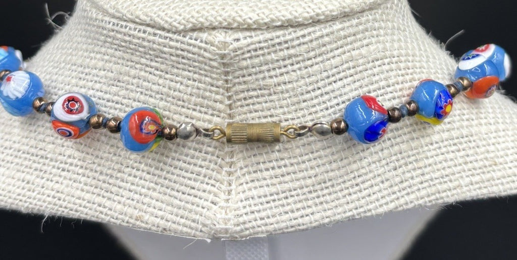 Vintage Murano Millefiori Glass Necklace Blue Beads Venetian 1950s Italy