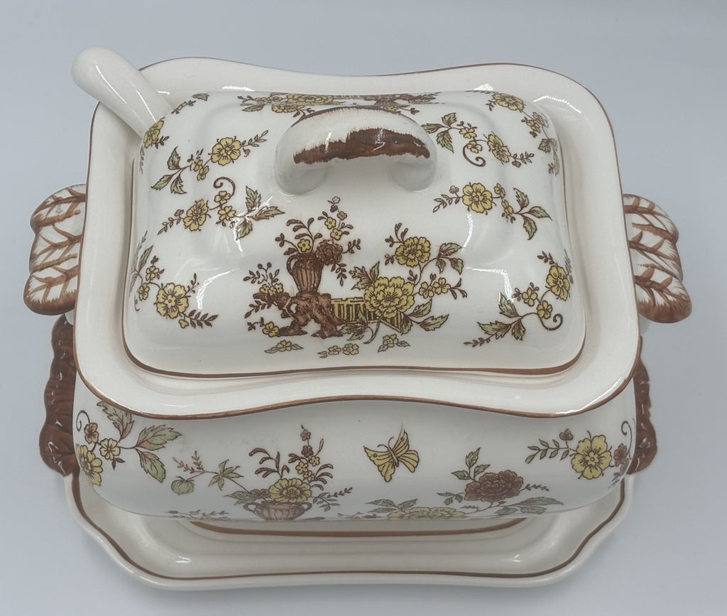 Vintage Soup Tureen Set Floral Transferware Lid Tray Ladle Ceramic
