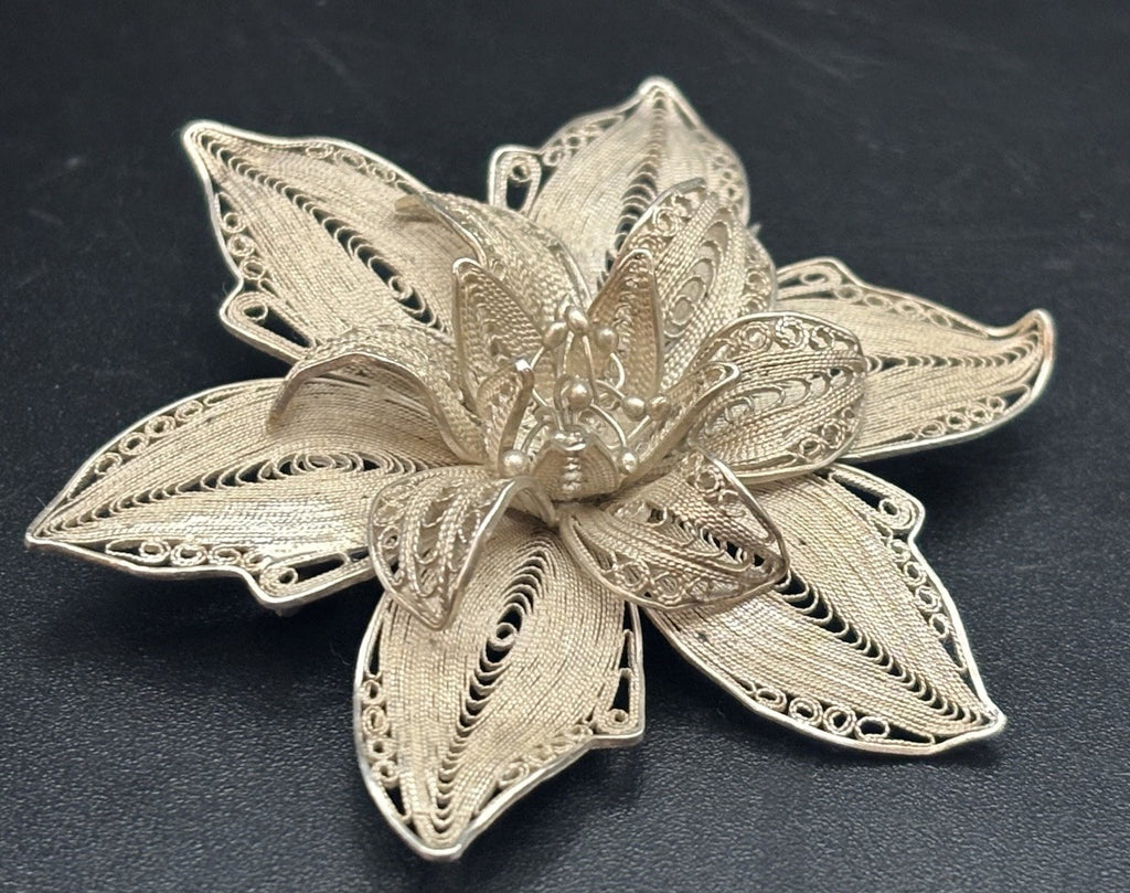 Vintage Sterling Silver Filigree Flower Brooch Large Statement European Handmade