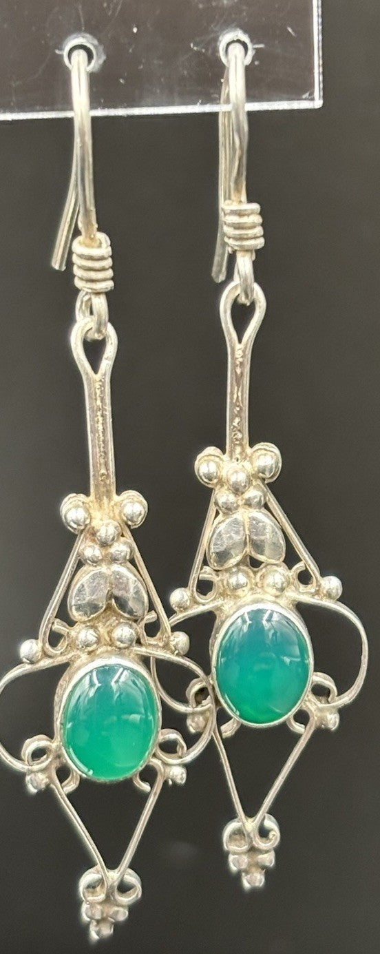 Vintage Sterling Silver Green Onyx Earrings Boho Filigree Dangle 925
