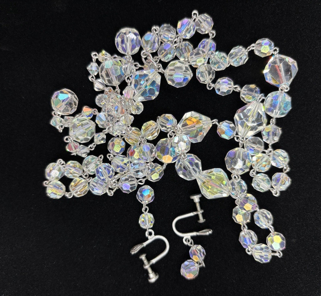 Vintage 1950s Aurora Borealis Crystal Necklace & Earrings Set Tassel Drop