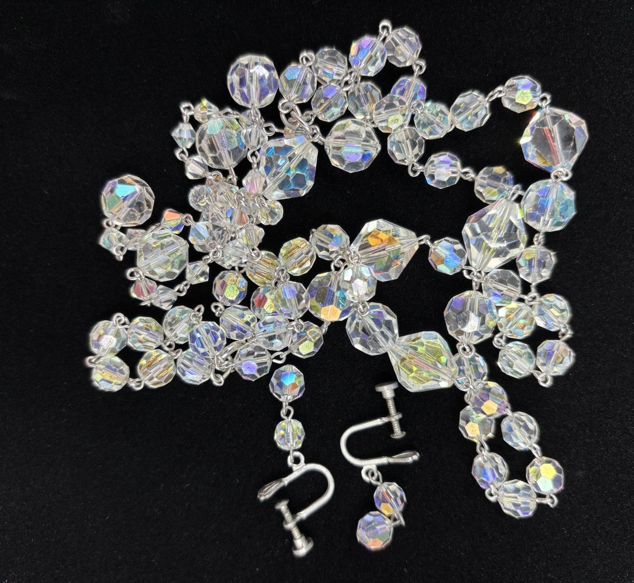 Vintage 1950s Aurora Borealis Crystal Necklace & Earrings Set Tassel Drop