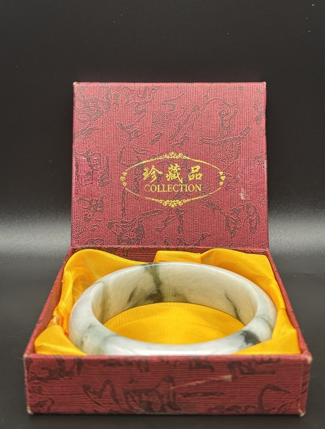 Natural Burmese Jadeite Jade Bangle Moss In Snow Heavy Carved Vintage Bracelet