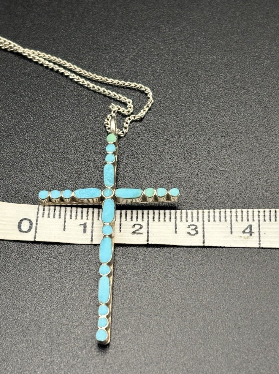 Vintage Sterling Silver Turquoise Inlay Cross Necklace 925 Chain