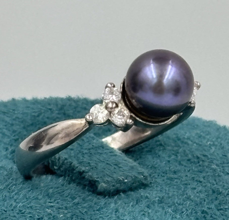 Sterling Silver Purple Grey Cultured Pearl Ring CZ Accent Stones Size 7