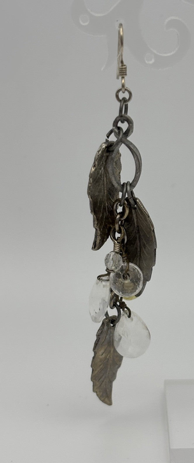 Vintage Sterling Silver Leaf Dangle Earrings with Crystal and Pearl Charms