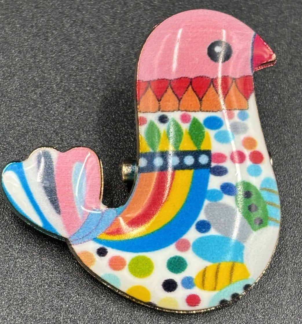 Small Bird Brooch Festive Folk Colorful Pin Enamel Gold Tone.