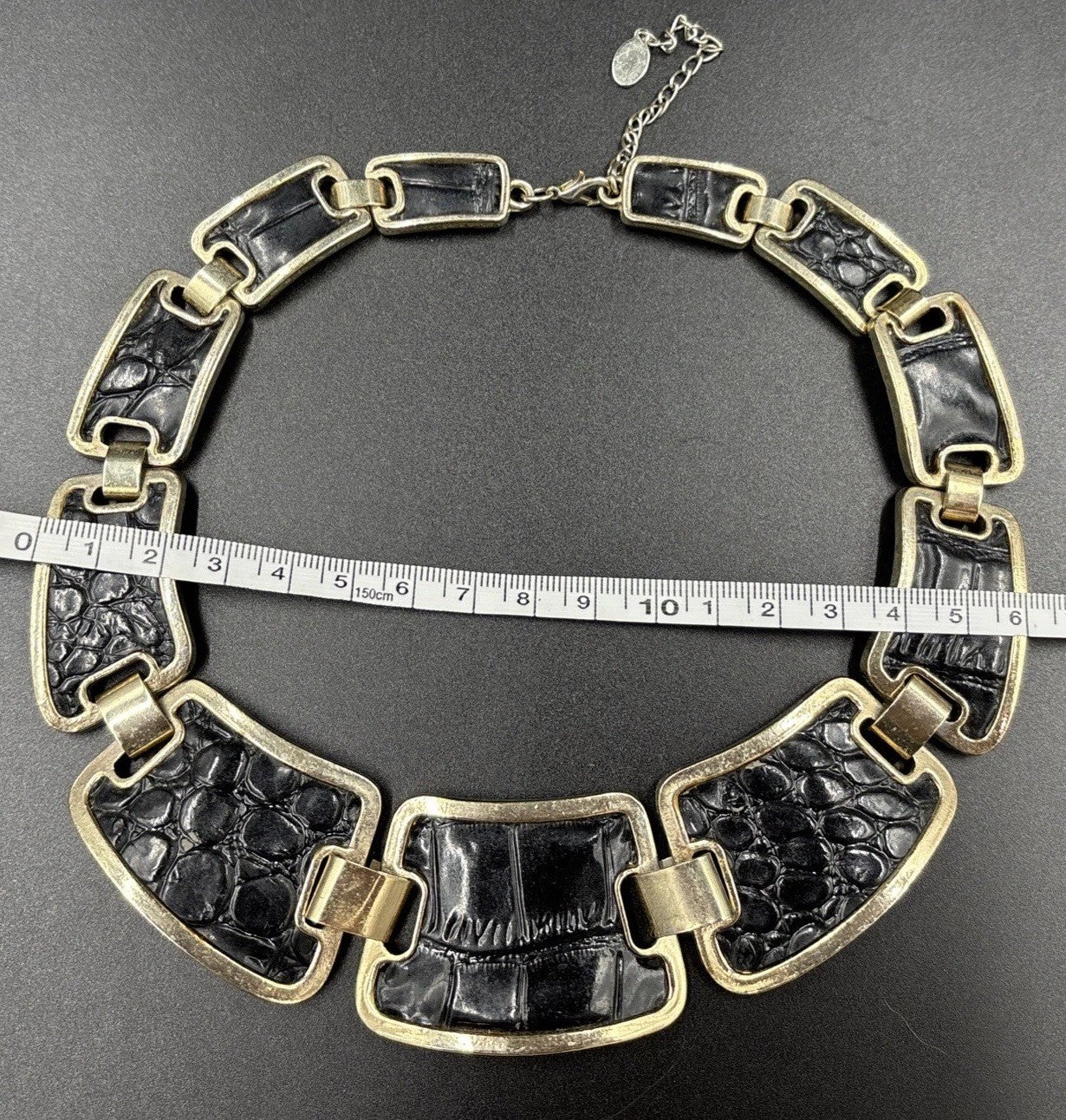 Vtg Aldo Statement Necklace Collar Faux Crocodile Print. Gold Tone
