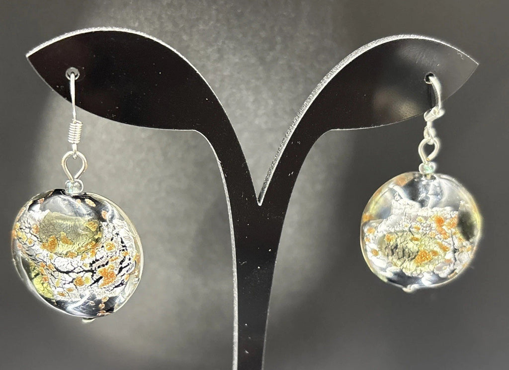 Vintage Murano Style Glass Earrings – Foil Art Glass Dangle Disc Beads”