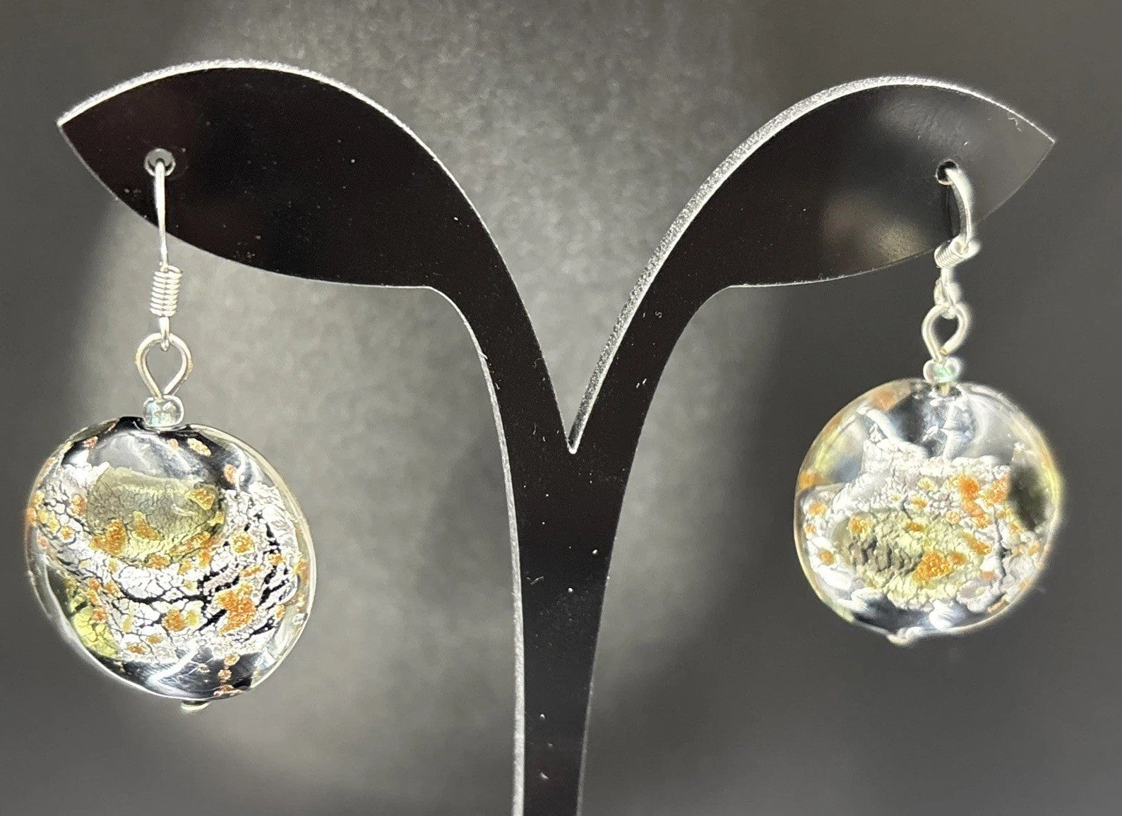 Vintage Murano Style Glass Earrings – Foil Art Glass Dangle Disc Beads”
