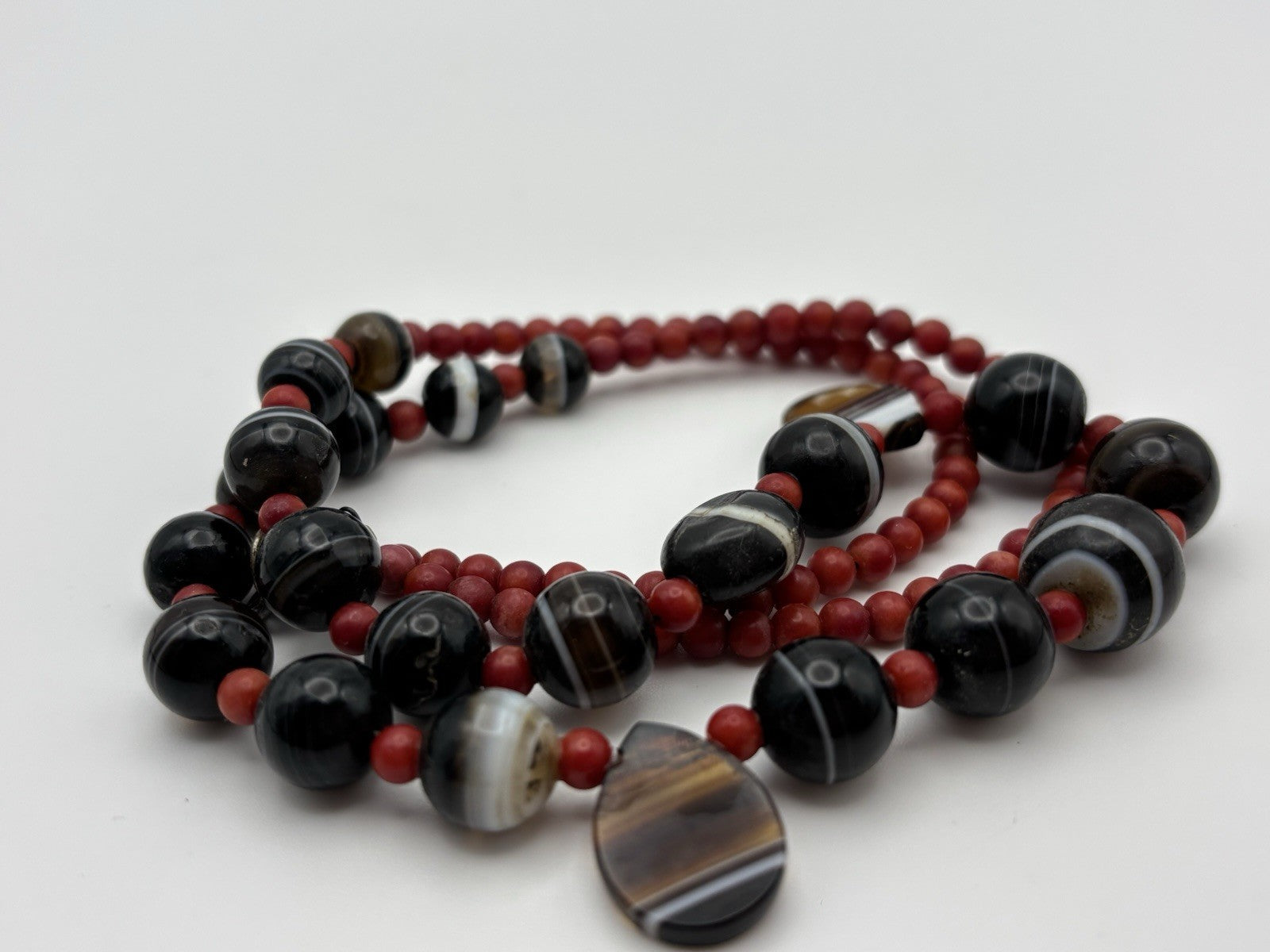 Vintage banded agate necklace red coral beads ethnic tribal statement jewellery