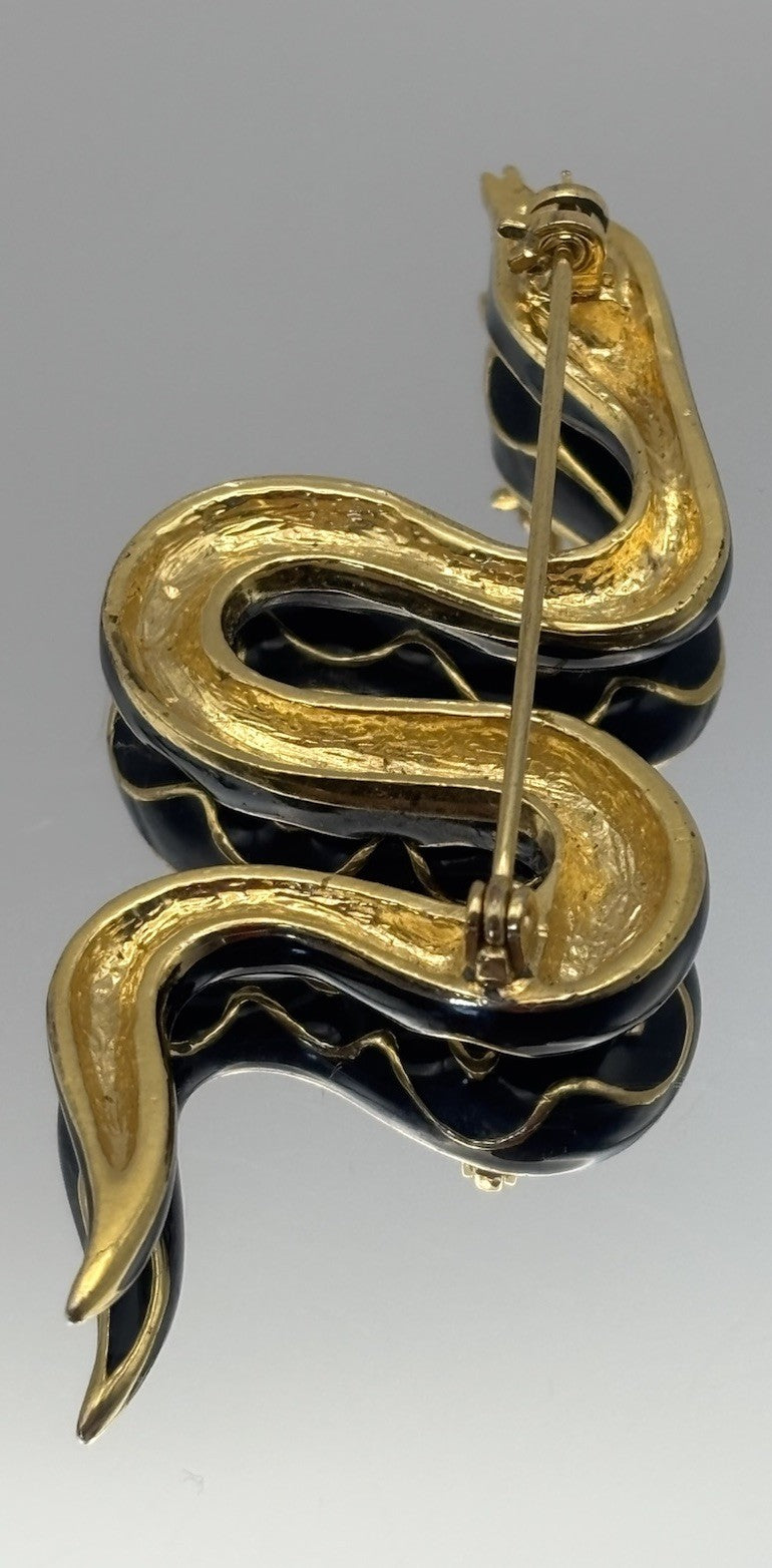 Vintage Black Enamel Snake Brooch Gold Tone Rhinestones 7cm