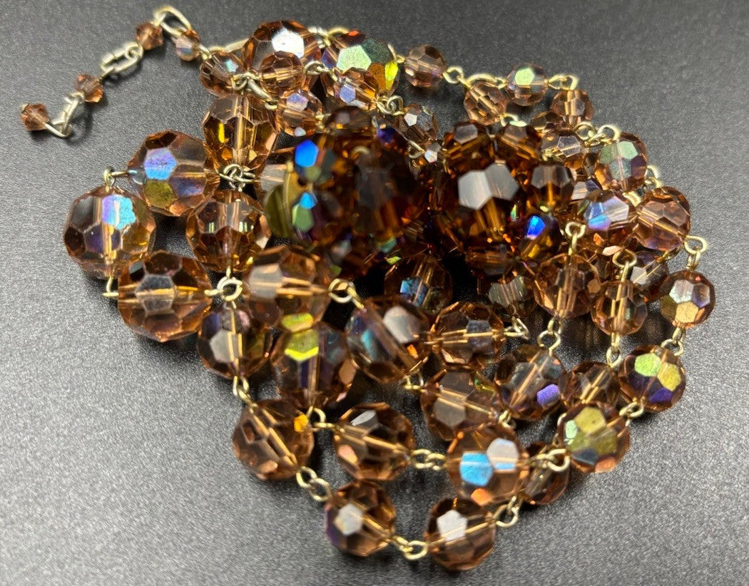 Vtg Aurora Borealis Champagne Crystal Necklace & Clip On Earring Set Gold Tone