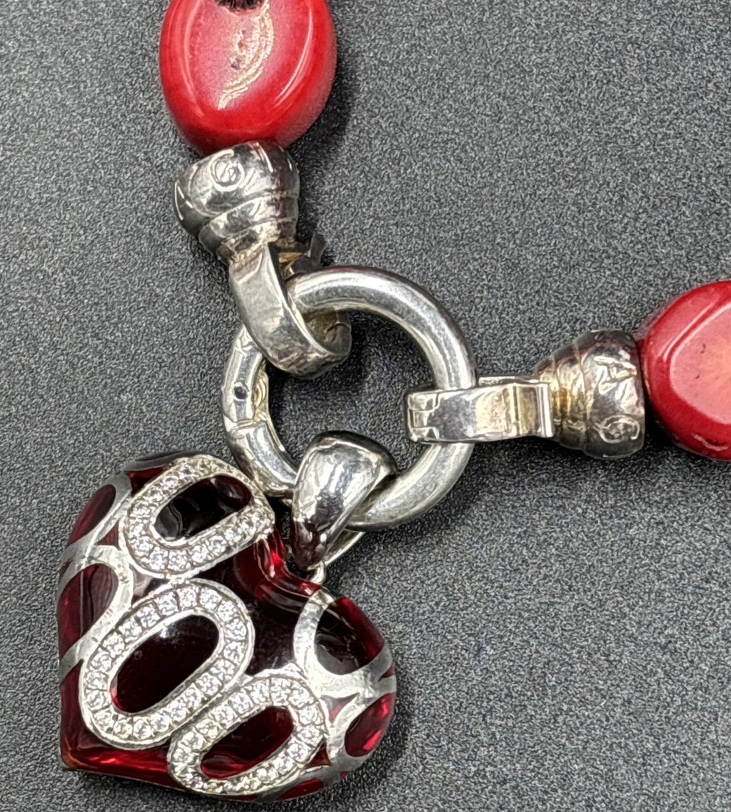 Kagi Red Bamboo Coral Silver Bracelet With A Silver Love Heart Charm