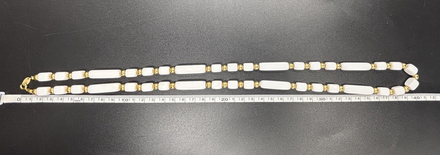 Vintage Trifari White Gold Tone Accents Lucite Long Beads Necklace Signed.
