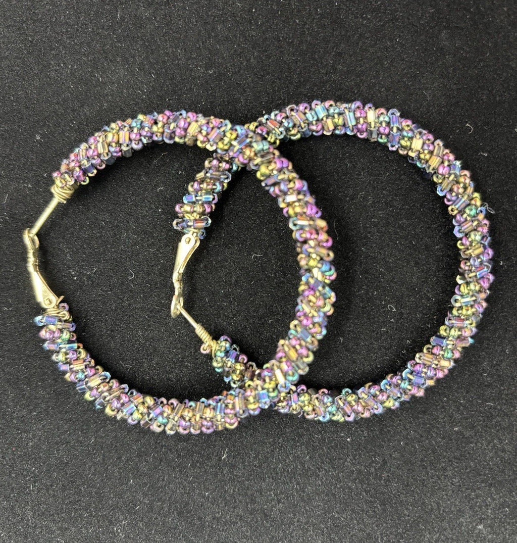 Vtg Earrings Kumihimo Beaded Peacock Earrings Large Multicoloured. ￼