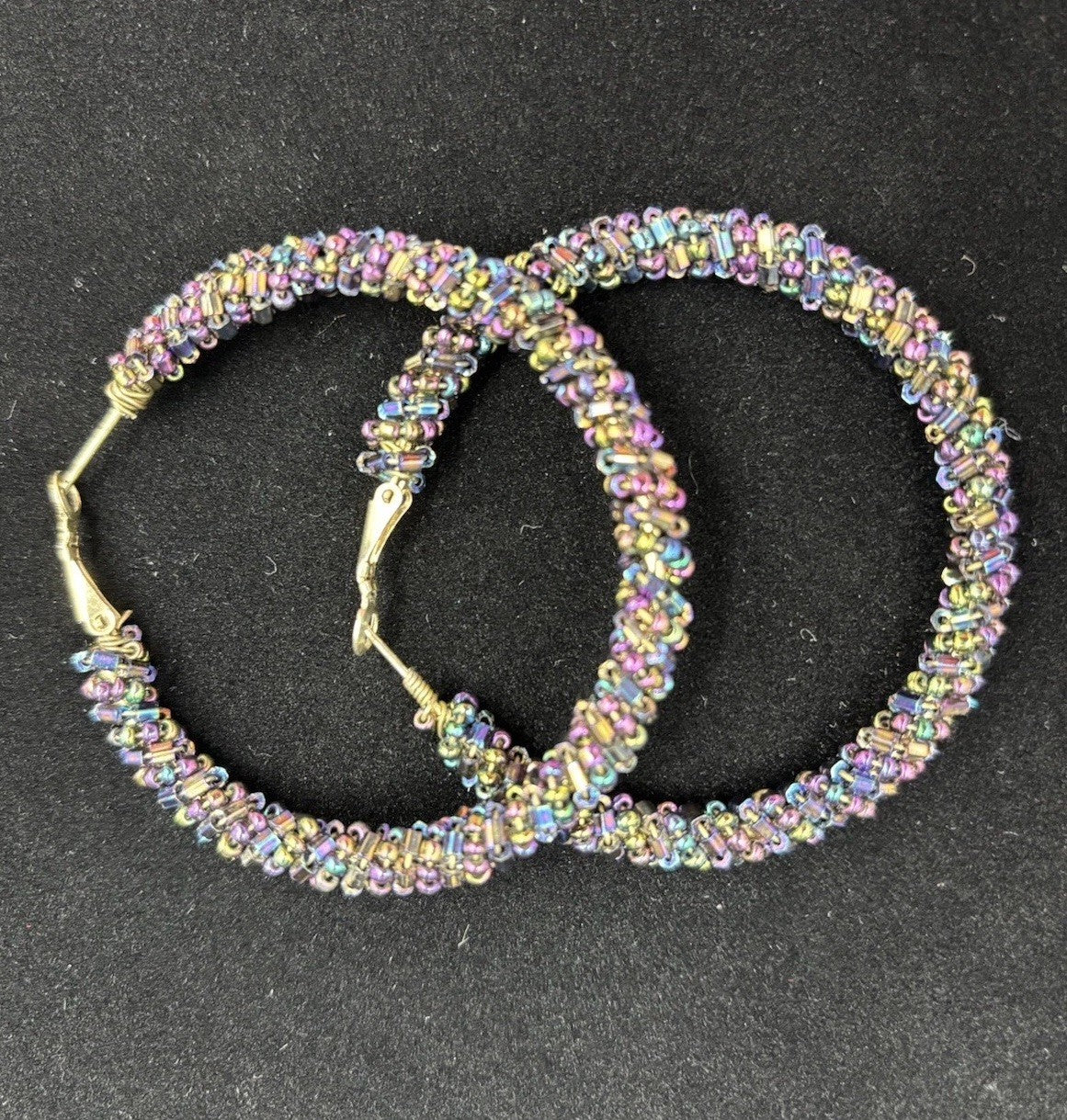 Vtg Earrings Kumihimo Beaded Peacock Earrings Large Multicoloured. ￼