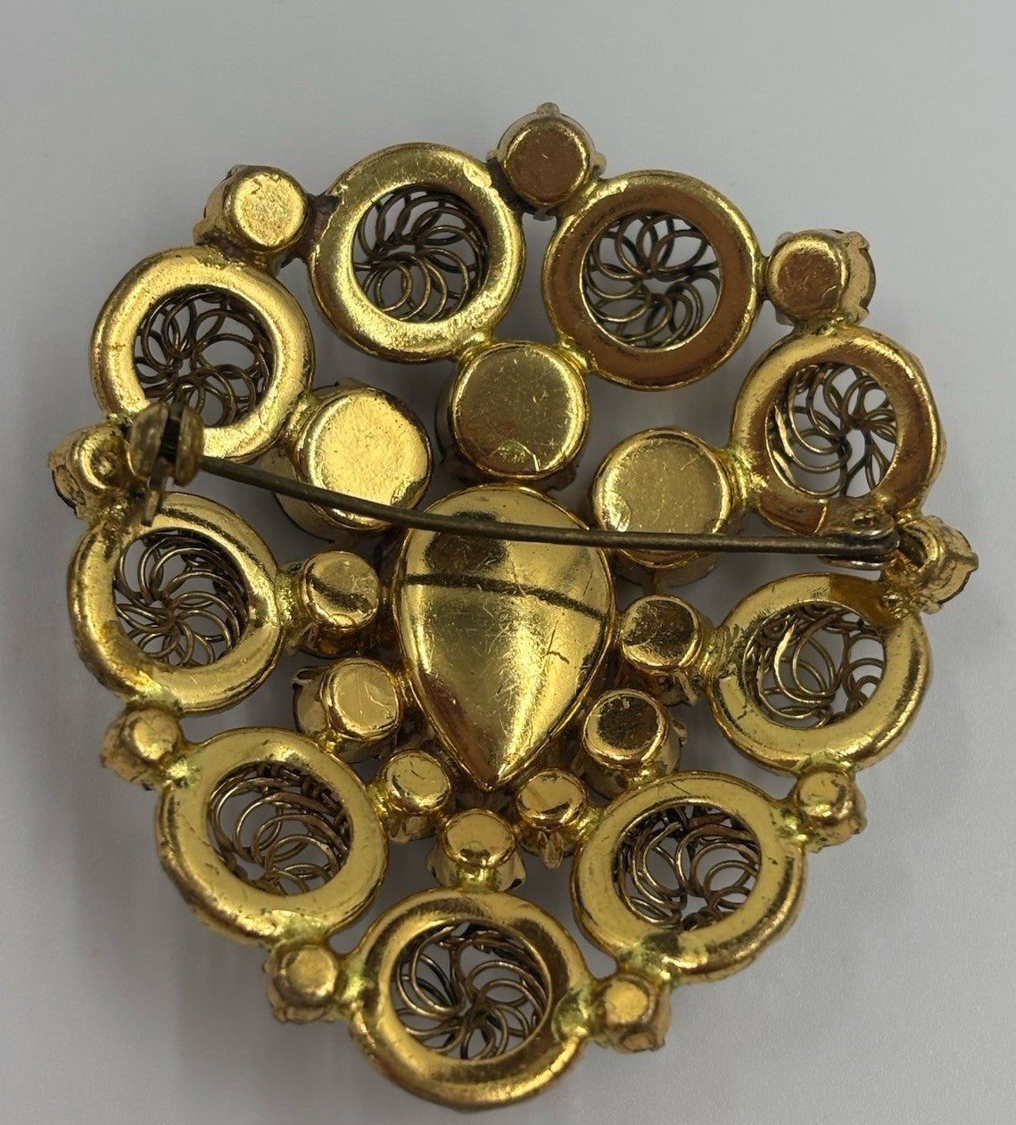 Vintage West German Style Brooch Amber Glass Rhinestone Filigree Gold Tone