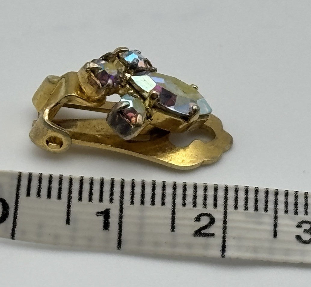 Vintage Unsigned Ice Blue Aurora Borealis Rhinestone Clip Earrings Mid Century