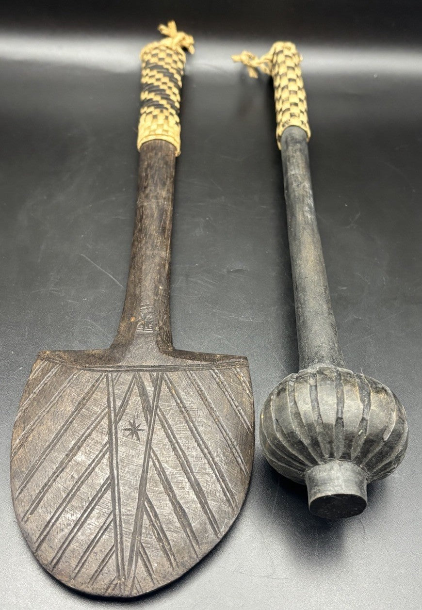Vintage Hand Carved Wooden Oceanic Utensil Set Spoon Masher Woven Handle