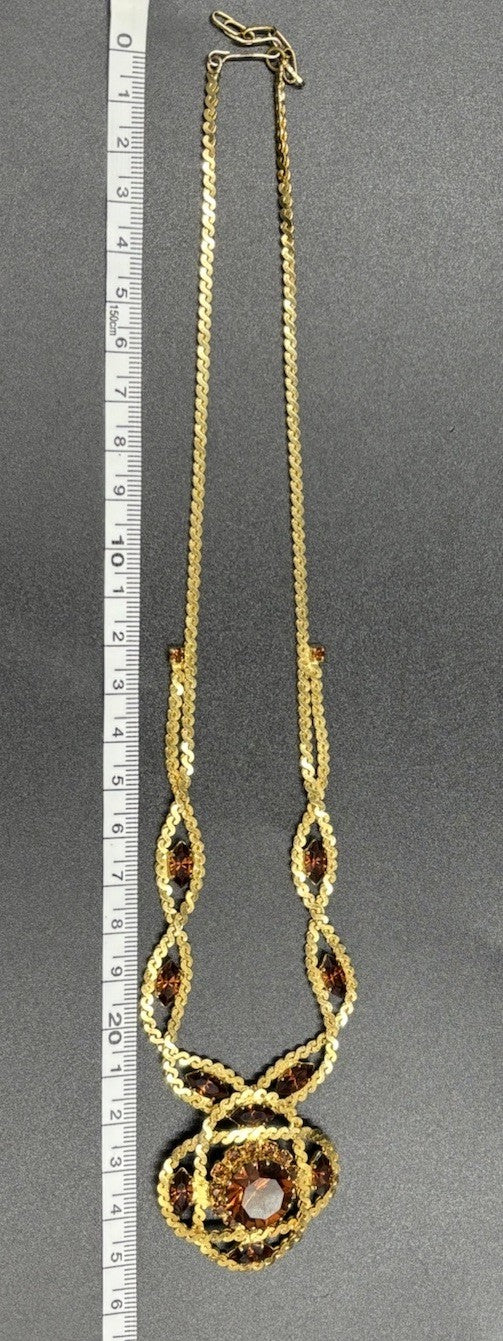 Vintage Cognac Amber Diamanté Statement Necklace Gold Tone.