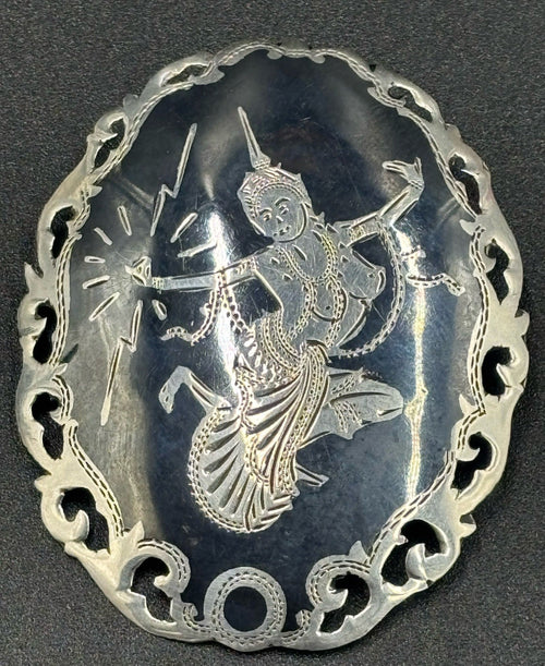 Vintage Siam sterling silver niello dancer brooch Thai mythological 1920s antique