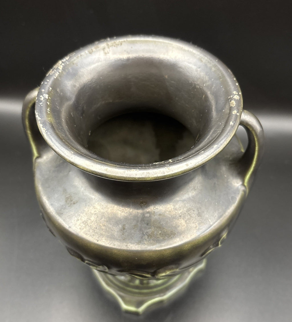 Vintage European Art Nouveau Handled Vase Dark Metallic Glaze Relief Urn