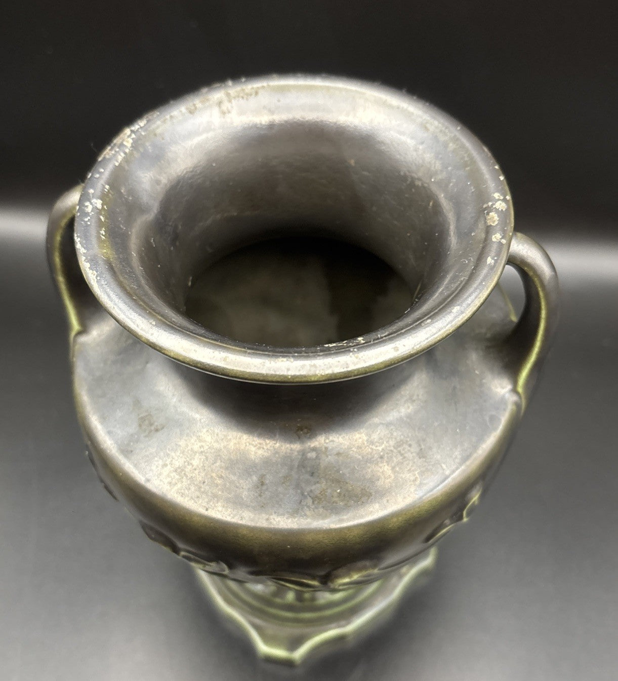Vintage European Art Nouveau Handled Vase Dark Metallic Glaze Relief Urn