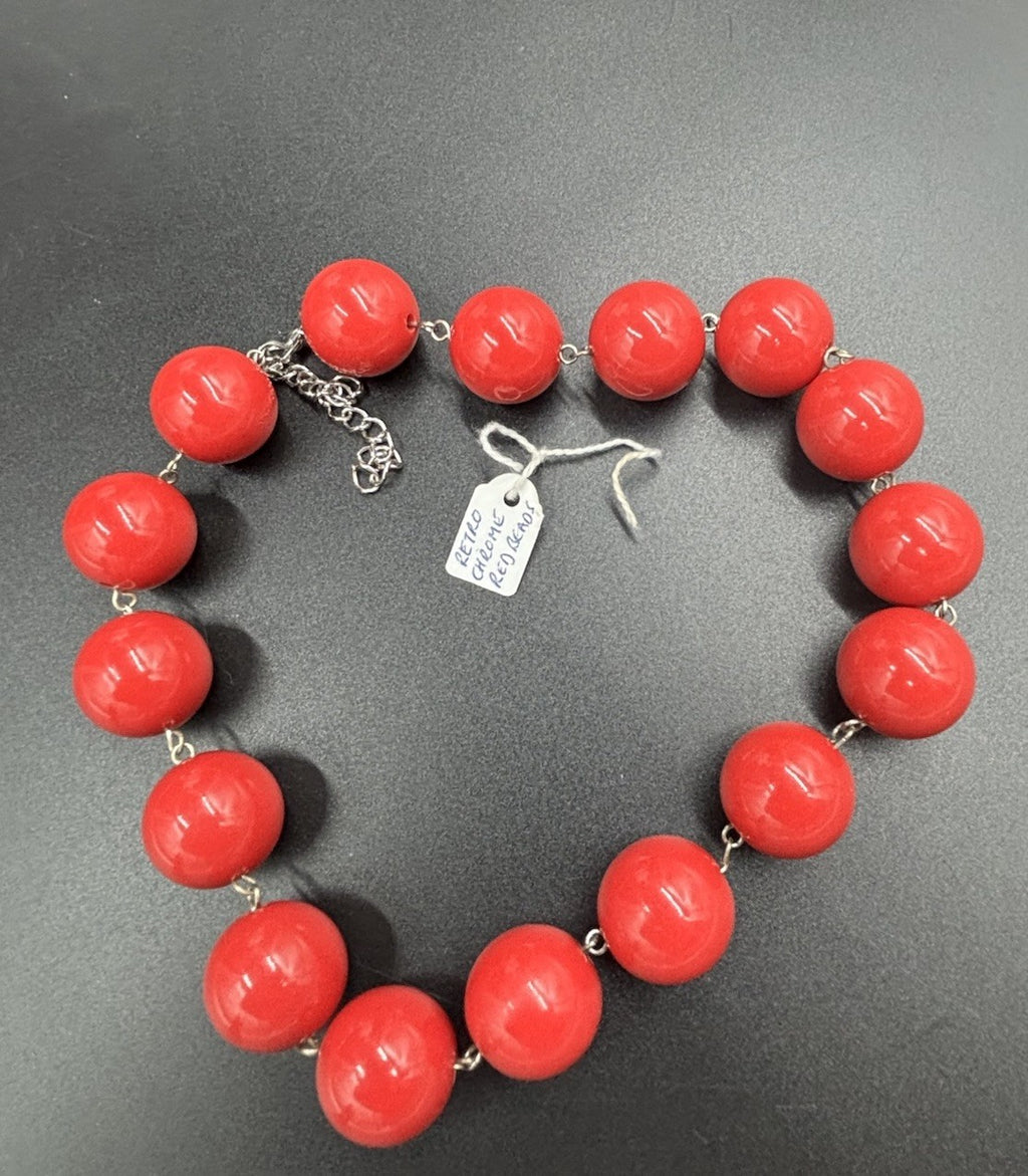 Vintage Retro Red Ceramic Bead Necklace Bold Statement Jewelry
