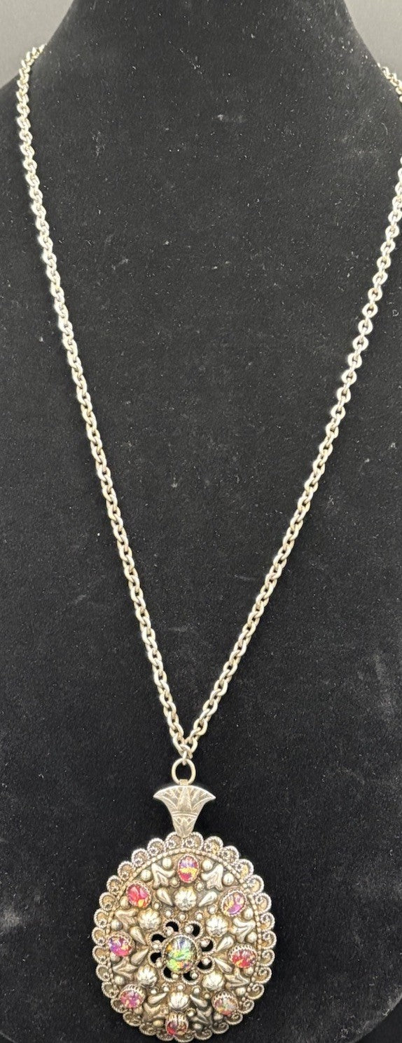 Vintage Sterling Silver Etruscan Egyptian Revival Necklace Foil Art Glass