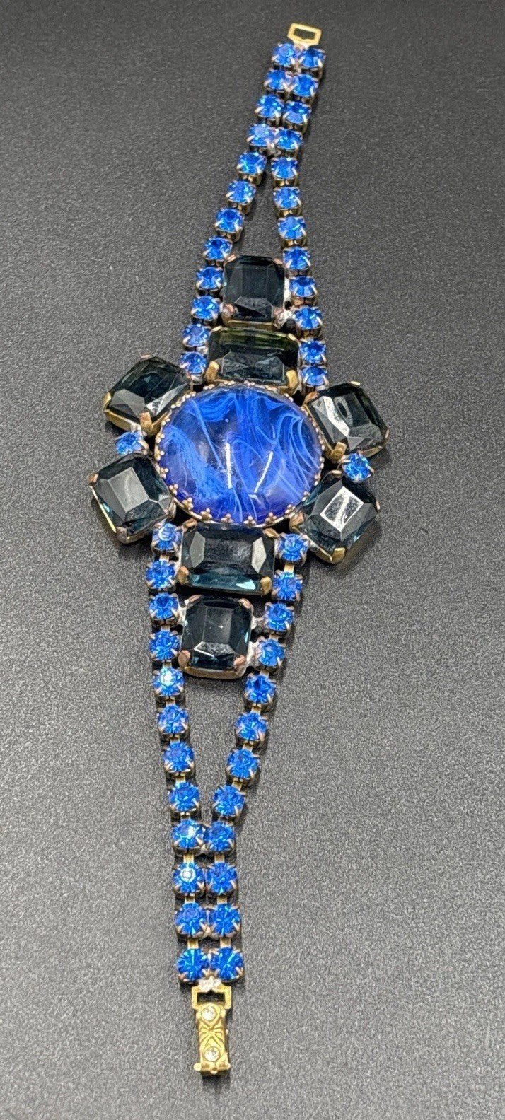 Vintage Czech Blue Glass Rhinestone Bracelet Swirled Cabochon Statement